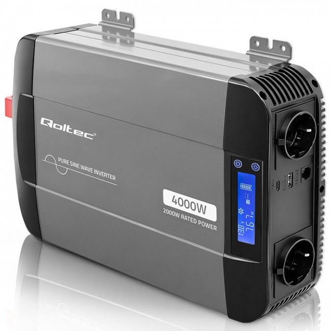 Qoltec Przetwornica napięcia Pure Sine Wave | 12V na 230V | 2000/4000W | LCD | USB | USB-C | Kompatybilna z LiFePO4 GEL AGM