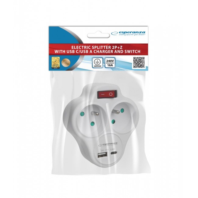 Esperanza ELK311W Electrical splitter 2 GN. USB-C USB-A ON. White Esperanza ELK311W Electrical splitter 2 GN. USB-C USB-A ON. White