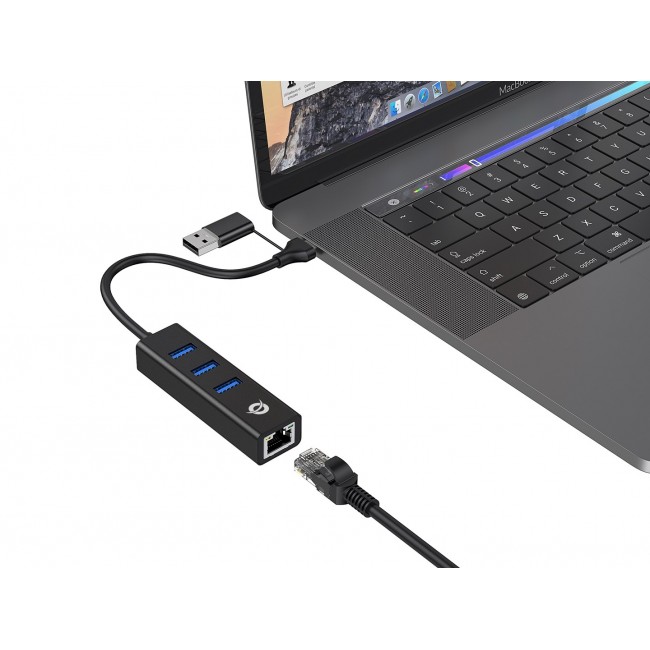 Conceptronic DONN07BA USB to Gigabit Network Adapter with 3-Port USB Hub, USB-A x 3, Wake-on-LAN, 2-in-1 USB-C USB-A Cable