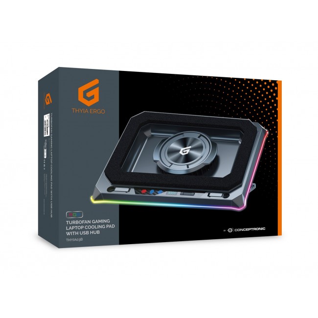 Conceptronic THYIA03B Turbofan Gaming Laptop Cooling Pad with USB Hub, RGB, Sealed Foam, Mobile Holder