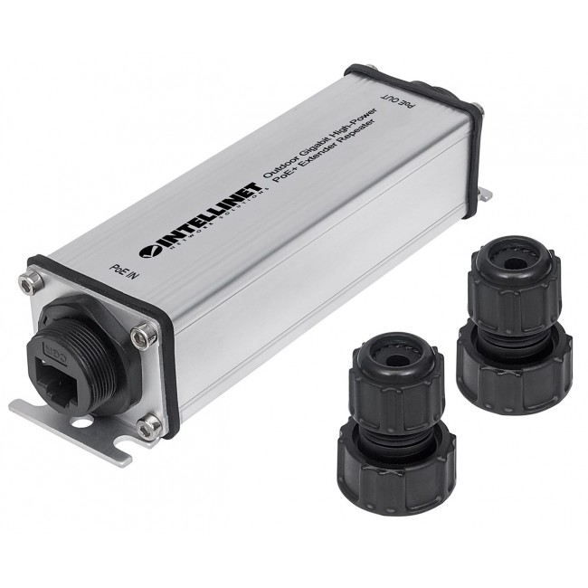 Intellinet Outdoor Gigabit High-Power PoE+ Extender Repeater, IEEE 802.3at/af Power over Ethernet (PoE+/PoE), Extends Range up to 100m, Metal, IP65