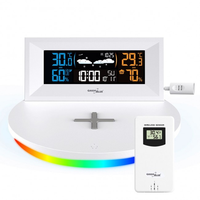 GreenBlue Wireless Weather Station with Wireless/Inductive Charger, Clock, Alarm, Calendar, Outdoor Sensor, GB213 GreenBlue Wireless Weather Station with Wireless/Inductive Charger, Clock, Alarm, Calendar, Outdoor Sensor, GB213