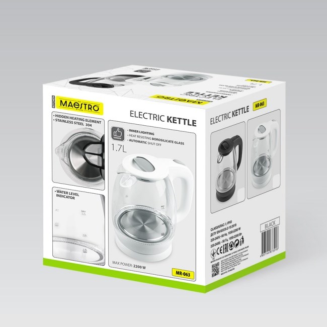 Maestro MR-063-WHITE Glass Electric Kettle 1.7 L White