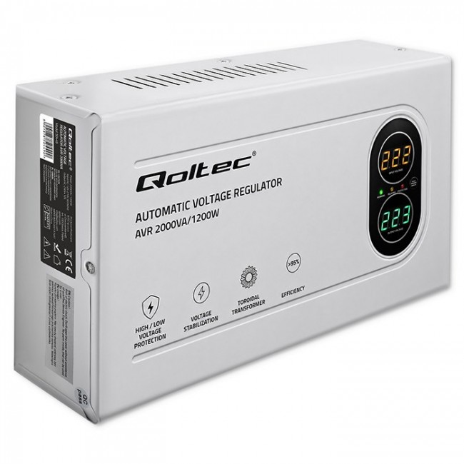 Qoltec Automatyczny Stabilizator napięcia AVR 2000VA | 1200W | Compact | Toroidalny transformator
