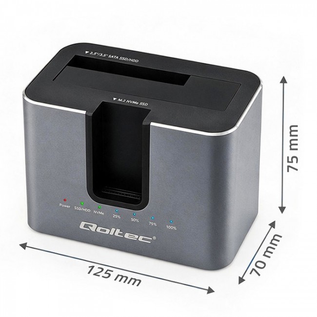 Qoltec 52631 HDD SSD doscking station | SATA | M.2 NVMe | cloning | USB-C | 10Gb/s | 28TB