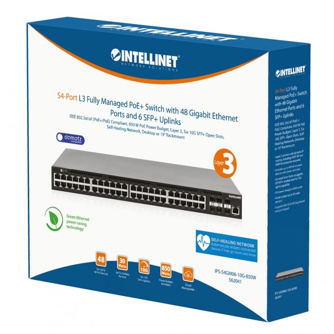 Intellinet 54-Port L3 Fully Managed PoE+ Switch with 48 Gigabit Ethernet Ports and 6 SFP+ Uplinks Intellinet 54-Port L3 Fully Managed PoE+ Switch with 48 Gigabit Ethernet Ports and 6 SFP+ Uplinks