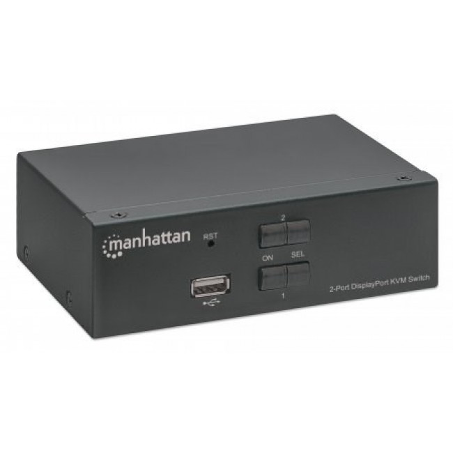 Manhattan DisplayPort 1.2 KVM Switch 2-Port, 4K@60Hz, USB-A/3.5mm Audio/Mic Connections, Cables included, Audio Support, Control 2x computers from one pc/mouse/screen, USB Powered, Black, Three Year Warranty