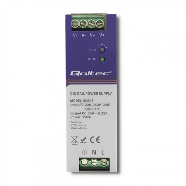 Qoltec 50903 Industrial DIN rail power supply | 150W | 24V | 6.25A Qoltec 50903 Industrial DIN rail power supply | 150W | 24V | 6.25A