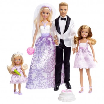 Barbie Wedding Gift Set with 4 Dolls & 5 Accessories, Bridal Party with Bouquets & Cake