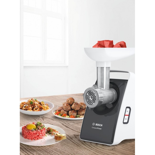 Bosch | Meat mincer CompactPower | MFW3612A | Black | 500 W | Number of speeds 1 | 2 Discs: 4 mm and 8 mm Sausage filler accessory pasta nozzle for spaghetti and tagliatelle cookie nozzle with three different shapes