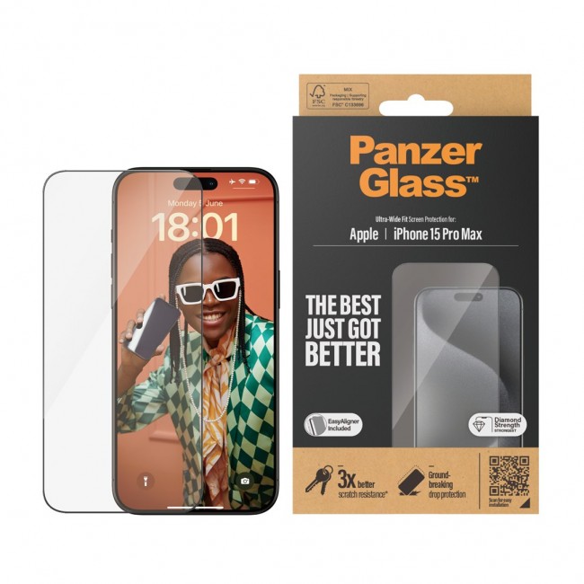 PanzerGlass Screen Protector iPhone 15 Pro Max | Ultra-Wide Fit w. EasyAligner