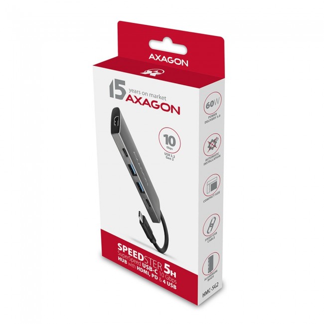 Axagon HMC-5G2 USB 10Gbps hub, 2x USB-A, 2x USB-C, HDMI 4k/60Hz, PD 100W, USB-C cable