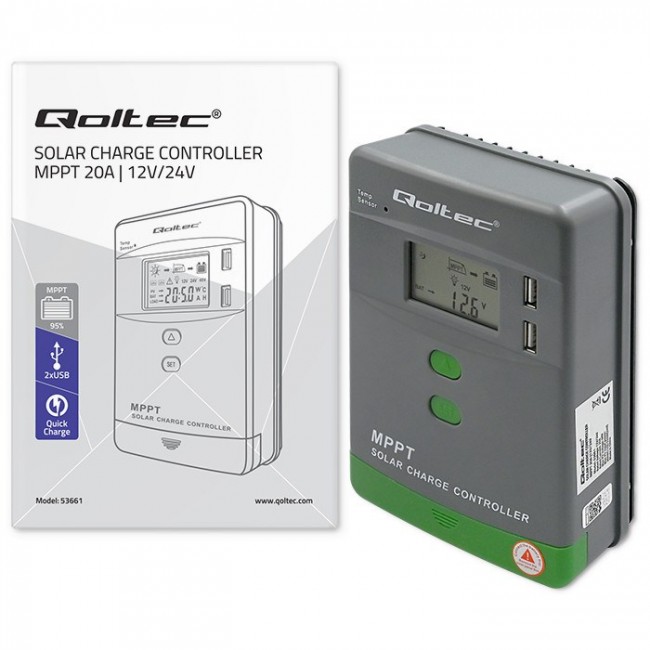 Qoltec Solar MPPT Charge Controller with Temperature Sensor 20A |12V/24V | LCD | 2 x USB Qoltec Solar MPPT Charge Controller with Temperature Sensor 20A |12V/24V | LCD | 2 x USB