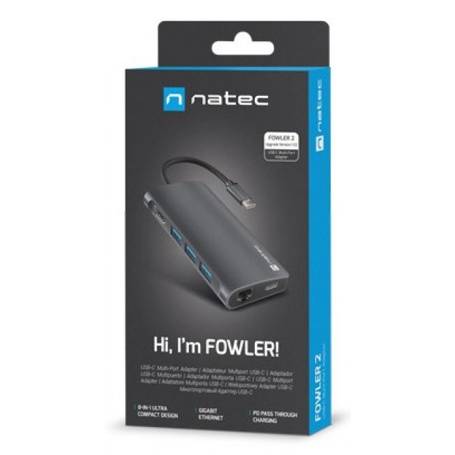 MULTIPORT ADAPTER NATEC FOWLER 2 V2 USB-C 8IN1 HUB - USB 3.0 3X, HDMI 4K, USB-C, RJ45, SD, MICRO SD