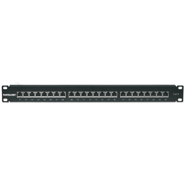 Intellinet Patch Panel, Cat6, FTP, 24-Port, 1U, Shielded, 90 Top-Entry Punch-Down Blocks, Black Intellinet Patch Panel, Cat6, FTP, 24-Port, 1U, Shielded, 90 Top-Entry Punch-Down Blocks, Black