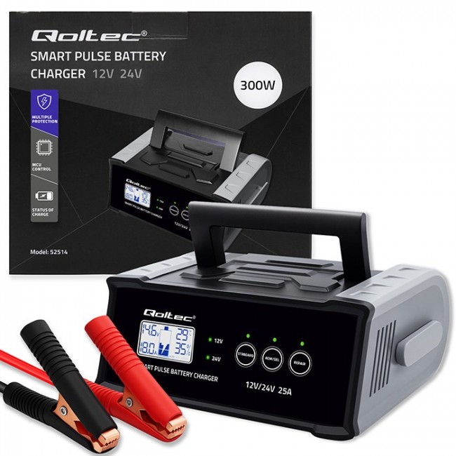 Qoltec Inteligentna mikroprocesorowa adowarka 12V 24V 25A| Prostownik z funkcją naprawy do akumulatora AGM GEL SLA | LCD