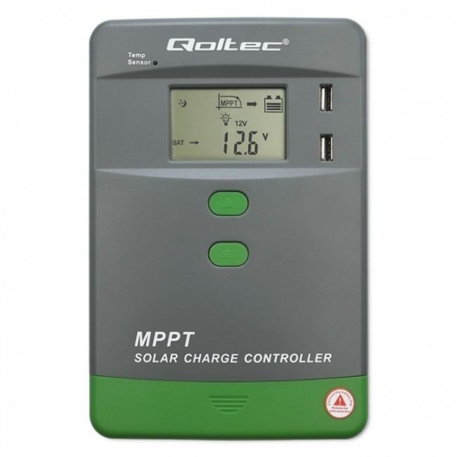 Qoltec Solarny regulator adowania MPPT z czujnikiem temperatury 10A |12V / 24V | LCD | 2 x USB | Bluetooth | APP | GEL | LiFePO4