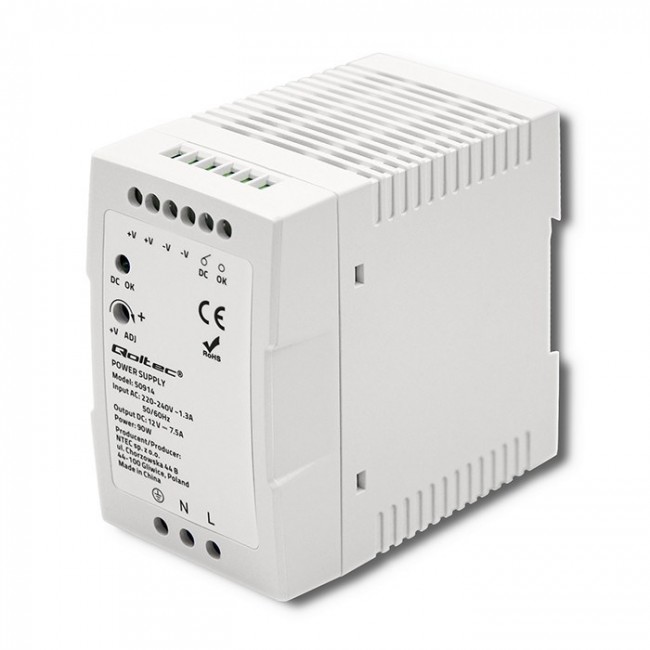 Qoltec 50914 DIN rail power supply | 90W | 12V | 7.5A | White | Slim Qoltec 50914 DIN rail power supply | 90W | 12V | 7.5A | White | Slim