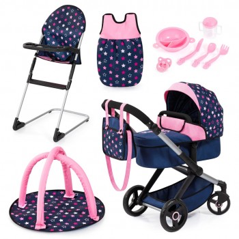 Bayer XEO doll's stroller, high chair, sleeping bag navy blue with accessories 17016AD