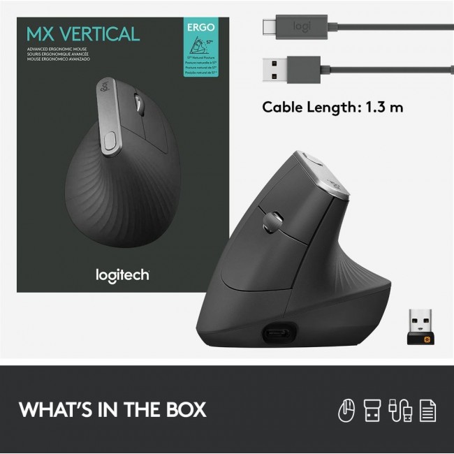 Logitech MX Vertical Advanced Ergonimic mouse RF Wireless+Bluetooth Optical 4000 DPI Right-hand