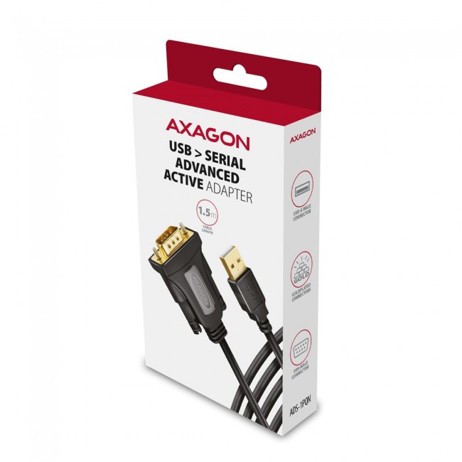 Axagon ADS-1PQN USB-A 2.0 - serial RS-232 DB9-M FTDI adapter cable 1.5m - Adapter - Digital/Daten serial cable Black USB Type-A