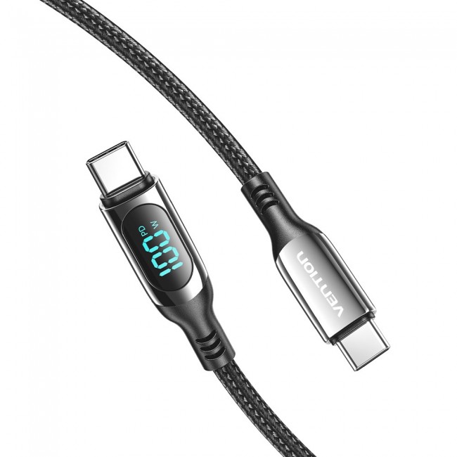 Vention Cotton Braided USB 2.0 C Male to C Male 5A Cable With LED Display 1.2M Black Zinc Alloy Type Vention Cotton Braided USB 2.0 C Male to C Male 5A Cable With LED Display 1.2M Black Zinc Alloy Type