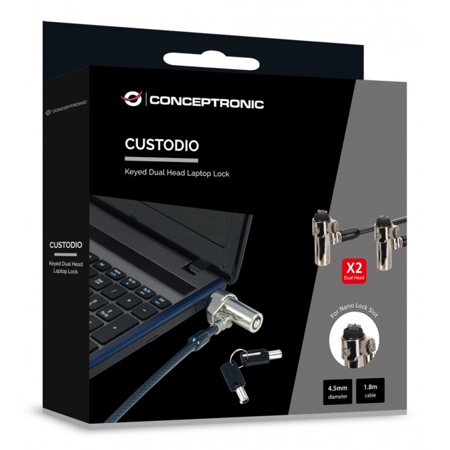 Conceptronic CUSTODIO02BNTM Keyed Dual Head Laptop Lock, Nano Lock Slot, Master Keyed Compatible, 1.8m