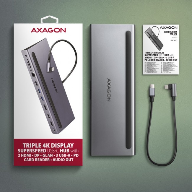 Axagon HMC-4KX3 USB 5Gbps hub, 3x USB-A, 2x HDMI, DP, RJ-45, SD/microSD, audio, PD 100W