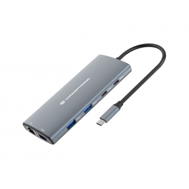 Conceptronic DONN06G 10-in-1 USB 3.2 Gen 1 Docking Station, HDMI, 100W USB PD, USB-C 5Gbps x 2, USB-A 5Gbps x 3, SD, TF/MicroSD, GbE