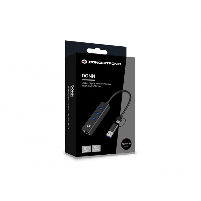 Conceptronic DONN07BA USB to Gigabit Network Adapter with 3-Port USB Hub, USB-A x 3, Wake-on-LAN, 2-in-1 USB-C USB-A Cable