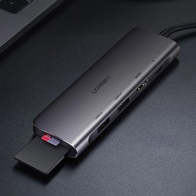 Ugreen CM195 6-in-1 USB-C adapter HDMI / 2 USB-A 3.0 / USB-C PD / SD / TF card reader grey
