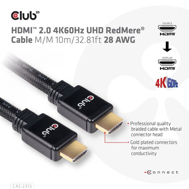 CLUB3D HDMI 2.0 4K60Hz RedMere cable 10m/32.8ft CLUB3D HDMI 2.0 4K60Hz RedMere cable 10m/32.8ft