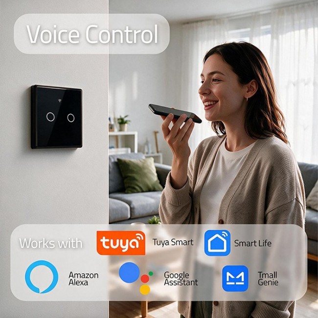 Qoltec 52712 Smart Touch 2-Gang Light Switch | Wi-Fi | Timer | Tuya | Smart Life | Tempered Glass | Black