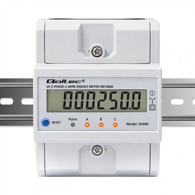 Qoltec 50980 Three-phase electronic meter with reset | DIN rail energy consumption meter | 400V | 100A | LCD | LED | 4P