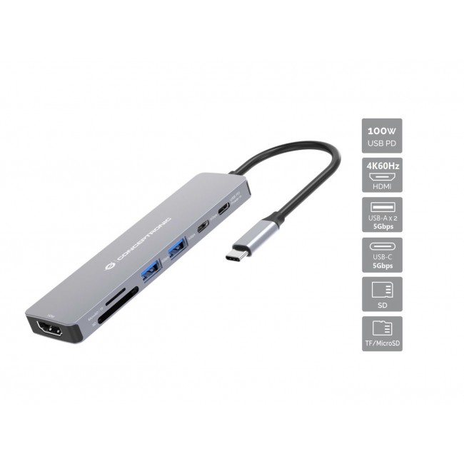 Conceptronic DONN28G 7-in-1 USB 3.2 Gen 1 Docking Station, 4K60Hz HDMI, USB-A 5Gbps x 2, USB-C 5Gbps, SD, TF/MicroSD, 100W USB PD