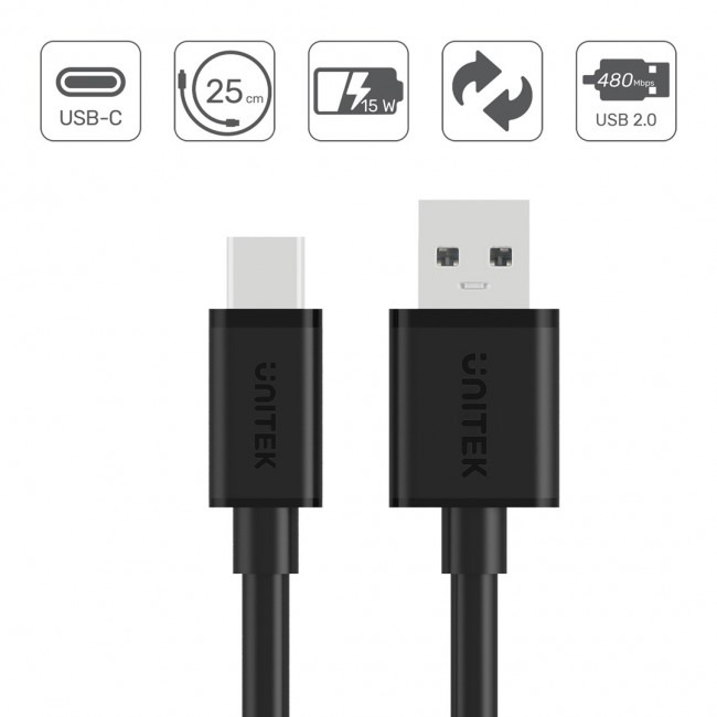 UNITEK USB CABLE USB-A USB-C 25CM, Y-C480BK UNITEK USB CABLE USB-A USB-C 25CM, Y-C480BK