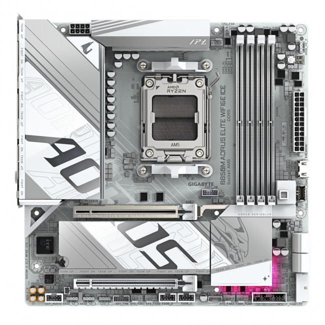 GIGABYTE B850M AORUS ELITE WIFI6E ICE Motherboard- AMD Ryzen 9000 Series CPUs, 12+2+1 Phases Digital VRM, up to 8200MHz DDR5 (OC), 1xPCIe 5.0 + 1xPCIe 4.0 M.2, 2.5LAN, WIFI 7, USB 3.2 Gen 2 GIGABYTE B850M AORUS ELITE WIFI6E ICE Motherboard- AMD Ryzen 9000 Series CPUs, 12+2+1 Phases Digital VRM, up to 8200MHz DDR5 (OC), 1xPCIe 5.0 + 1xPCIe 4.0 M.2, 2.5LAN, WIFI 7, USB 3.2 Gen 2