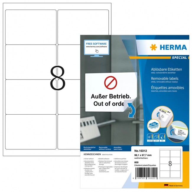 HERMA Repositionable address labels A4 99.1x67.7 mm white Movables paper matt 800 pcs. HERMA Repositionable address labels A4 99.1x67.7 mm white Movables paper matt 800 pcs.