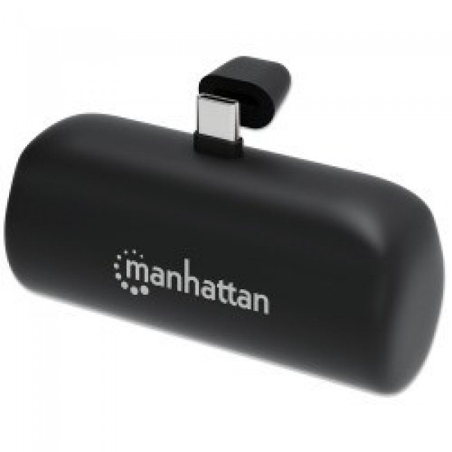 Manhattan Power Bank with integrated USB-C plug, 5000 mAh, Up to 20W output, Kickstand for Use as Charging Phone Holder, Black, One Year Warranty