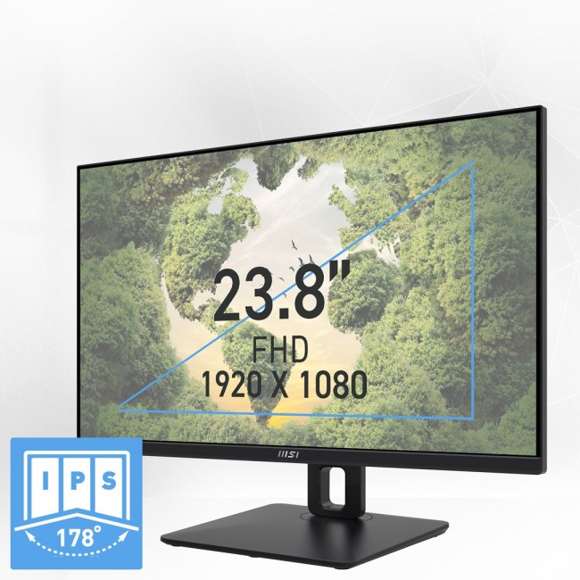 MSI Pro MP245PG 24 Inch Monitor, FHD (1920 x 1080), 100Hz, IPS, 1ms, 1x HDMI 1.4b, 1x DP 1.2a output, 1x D-Sub(VGA), Built-in Speakers, Anti-Glare, Anti-Flicker, Less Blue light, T V Certified, VESA, Kensington, 4-way adjustable stand, Black MSI Pro MP245PG 24 Inch Monitor, FHD (1920 x 1080), 100Hz, IPS, 1ms, 1x HDMI 1.4b, 1x DP 1.2a output, 1x D-Sub(VGA), Built-in Speakers, Anti-Glare, Anti-Flicker, Less Blue light, T V Certified, VESA, Kensington, 4-way adjustable stand, Black