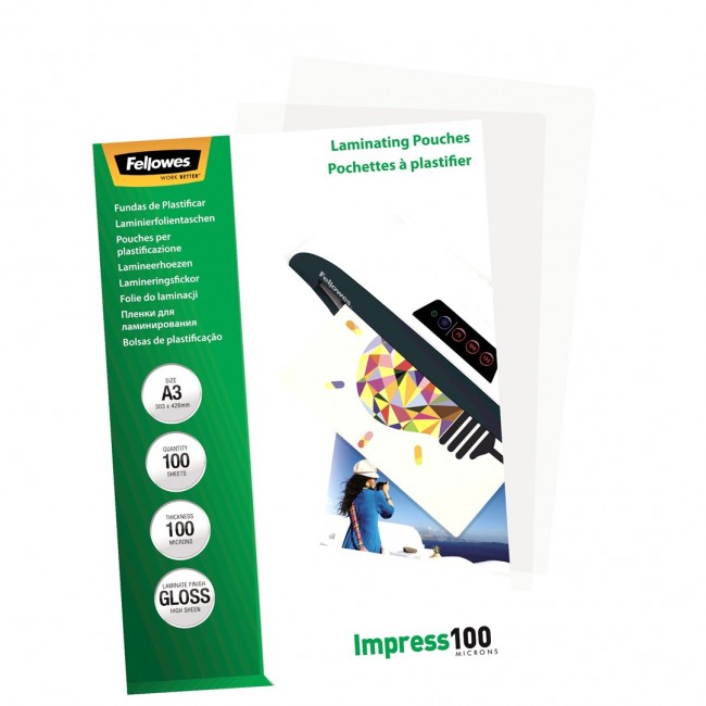 Fellowes A3 Glossy 100 Micron Laminating Pouch - 100 pack