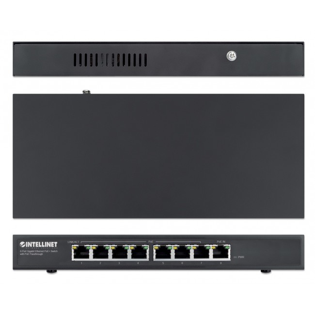 Intellinet 8-Port Gigabit Ethernet PoE+ Switch with PoE Passthrough, 1x Ultra PoE++ IEEE 802.3bt (4PPoE) PD PoE Port with 90 W Power Input, 7x PSE PoE Ports, PoE Power Budget up to 85W, IEEE 802.3at/af Compliant, Rackmount