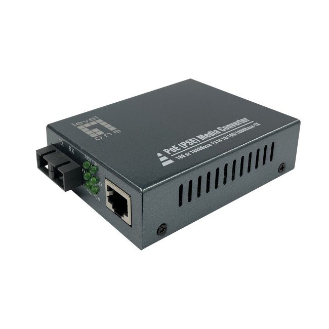 LevelOne RJ45 to SC Gigabit Media Converter, PoE PSE, Single-Mode Fiber, 20km