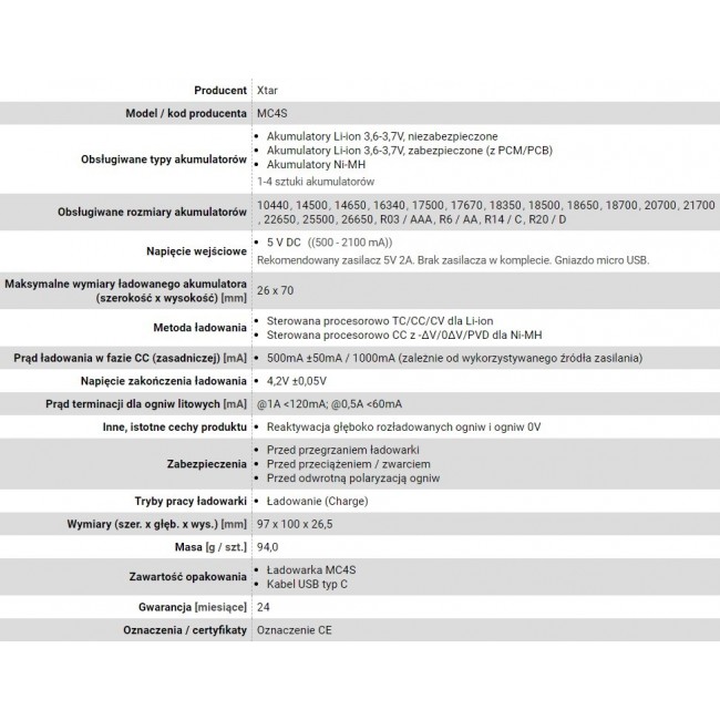Battery charger for cylindrical Li-ion batteries18650 / NiMH Xtar MC4S