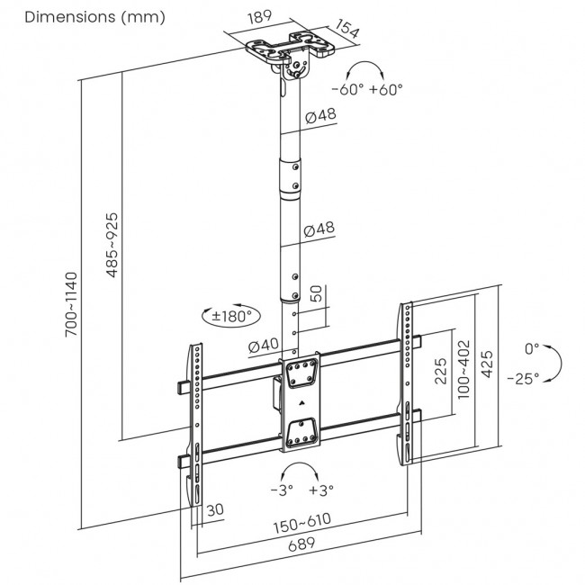 Maclean ceiling mount for TV, max load 60kg, 43-86