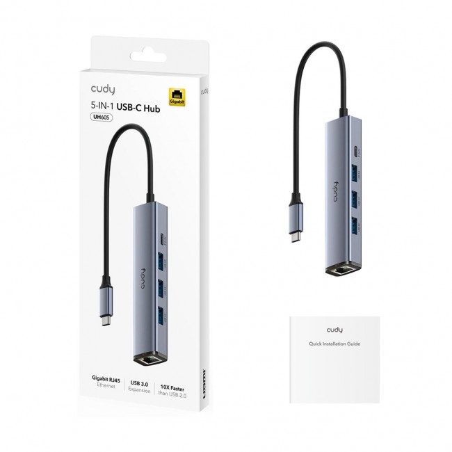 Cudy UH605 interface hub USB 3.2 Gen 1 (3.1 Gen 1) Type-C 5000 Mbit/s Grey, Silver