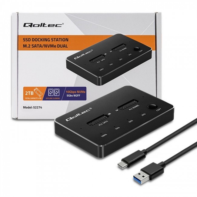 Qoltec M.2 SSD Docking Station | NVMe| SATA | USB-C | DUAL 2 x 2TB