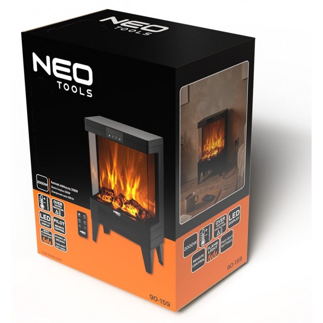 Electric Fireplace NEO TOOLS 2000 W, 3D Flame Effect, Thermostat, Black