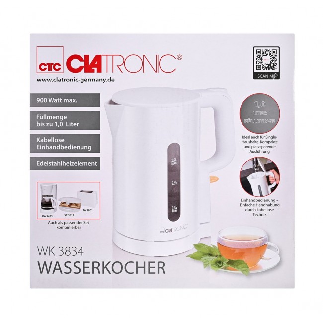 Clatronic WK 3834 electric kettle 1 L 900 W White Clatronic WK 3834 electric kettle 1 L 900 W White