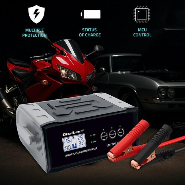 Qoltec Inteligentna mikroprocesorowa adowarka 12V 24V 25A| Prostownik z funkcją naprawy do akumulatora AGM GEL SLA | LCD